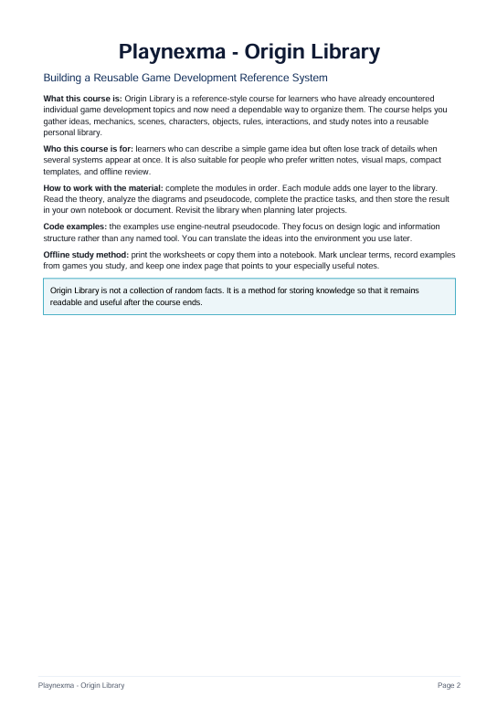 A digital document page titled 'Playnema - Origin Library' with introductory text about building a reusable game development reference system, on a white background.