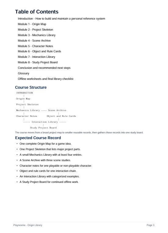 A black-and-white page from a digital document titled 'Table of Contents' for 'Origin Library', outlining course structure, expected course record, and table of contents.