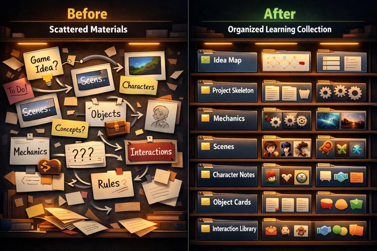 A digital comparison graphic showing a 'Before' state with scattered educational notes and icons labeled 'Scattered Materials' versus an 'After' state with neatly organized folders and icons labeled 'Organized Learning Collection,' including Idea Map, Project Skeleton, Mechanics, Scenes, Character Notes, and Interaction Library.