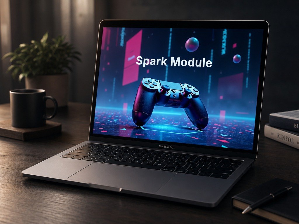 A dark gray laptop on a wooden desk displaying a futuristic digital interface with the text 'Spark Module' and a game controller graphic. The laptop is styled in a workspace setting with a plant, a black mug, books, and a notebook nearby.