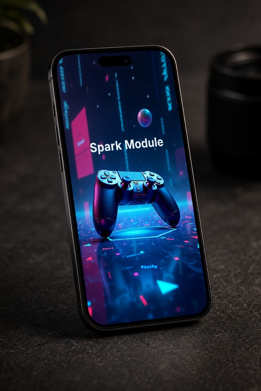 A smartphone standing upright on a dark surface, displaying a futuristic digital interface with the text 'Spark Module' and a glowing game controller graphic. The phone is photographed in a moody, dark setting with blurred background objects.