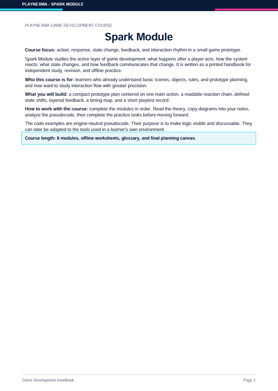 A printed page from a Game Development Handbook titled 'Spark Module' under the Playmaker: Spark Module header. The page contains black text on a white background with a small purple header bar at the top.