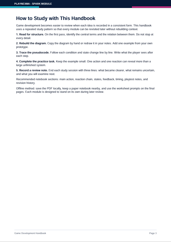 A digital preview page from the Game Development Handbook, specifically page 3 titled 'How to Study with This Handbook' under the Spain Middle level. The page features a black and white layout with instructional text and a numbered list.
