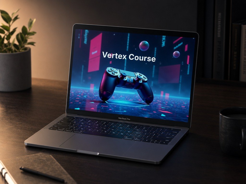 A silver laptop sits open on a dark wooden desk, displaying a futuristic digital course graphic with the text 'Vertex Course' and a game controller. The scene is styled with a potted plant on the left, books on a shelf in the background, and a mug on the right.
