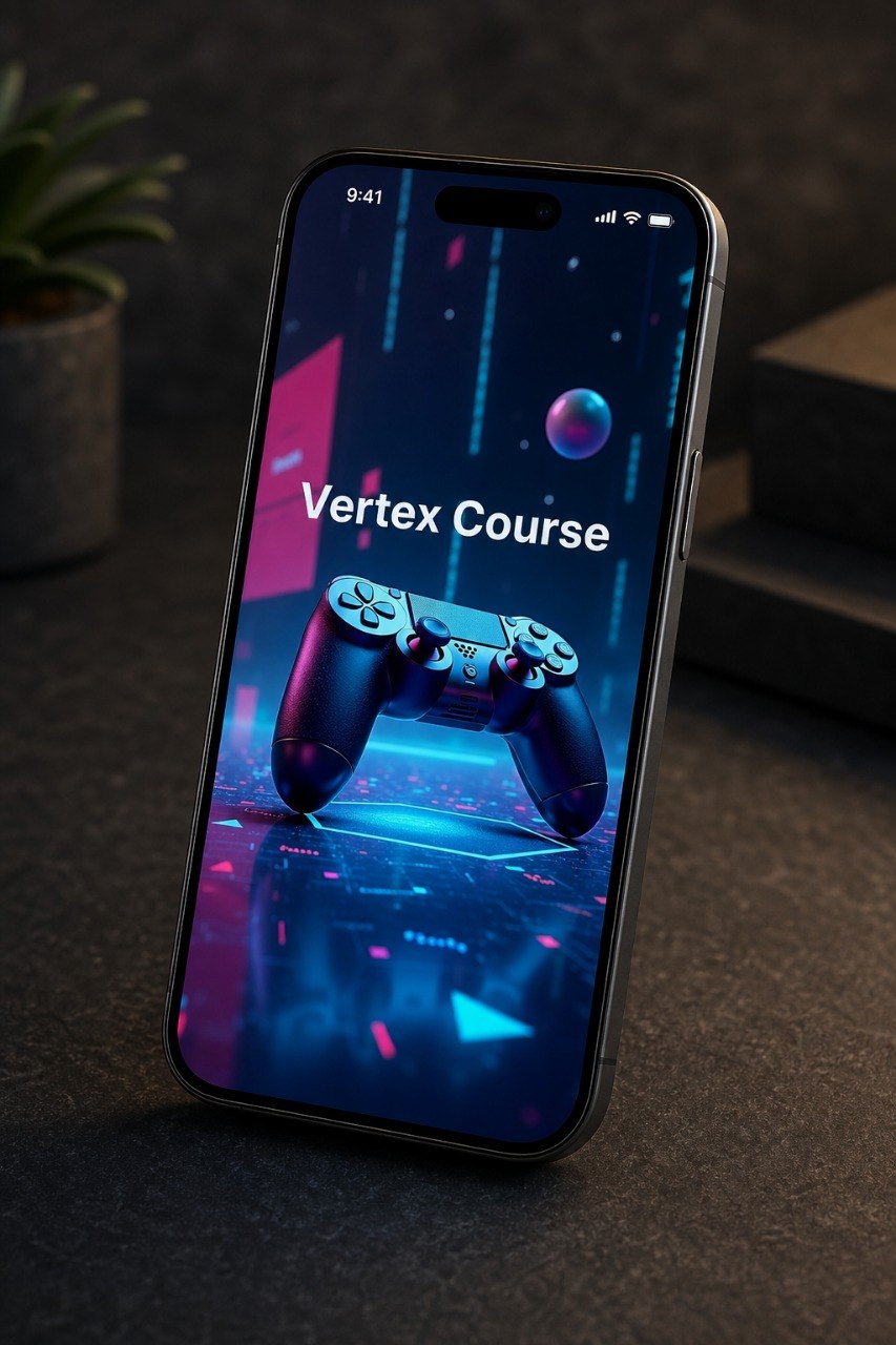 A smartphone shown upright on a dark tabletop, displaying a futuristic racing game screen with the text 'Vertex Course' and a game controller graphic. The phone has a black bezel and is photographed in a styled indoor setting with a plant and steps in the background.